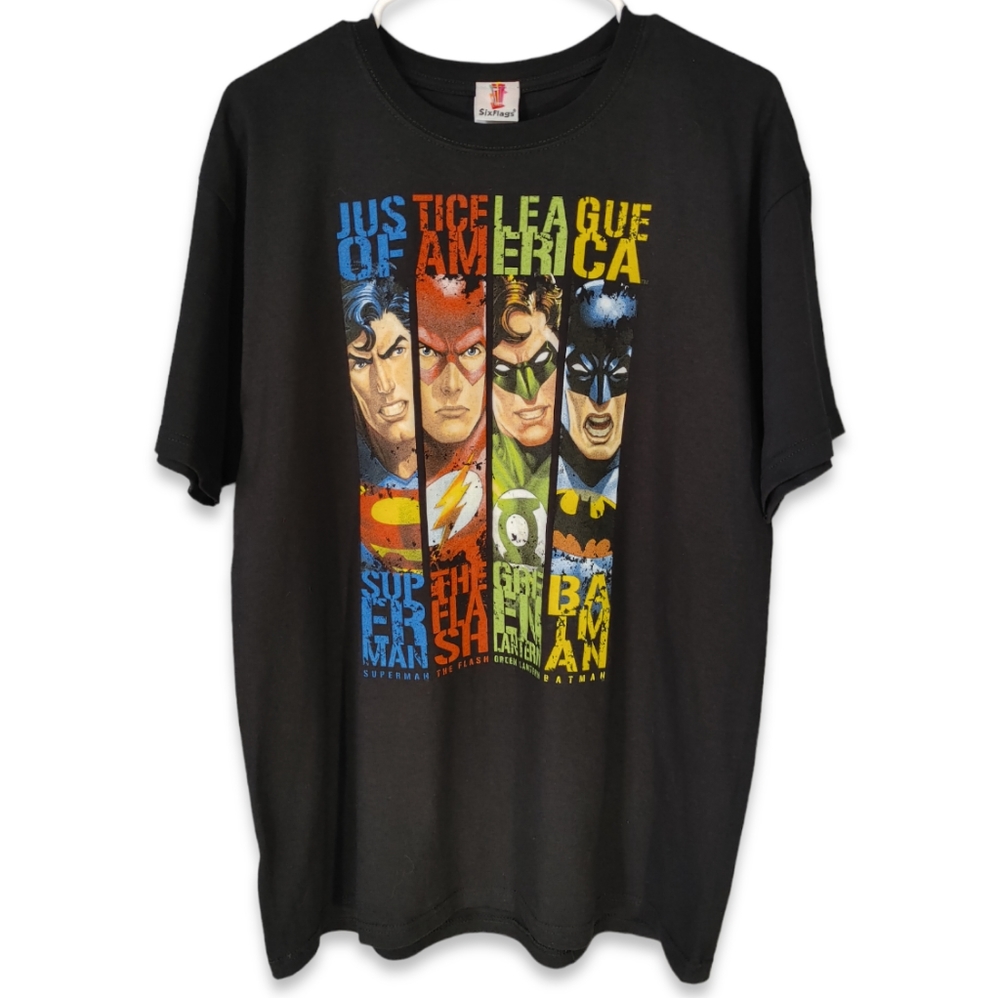 DC Comics Justice League T Shirt Large Black Superman Batman Flash Green Lantern